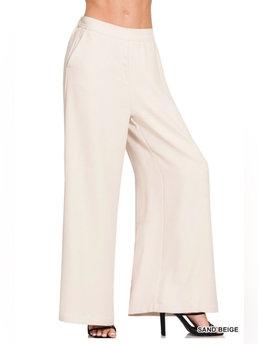 ZENANA Relaxed Fit Elastic Waisted Wide Leg Pants in Sand Beige